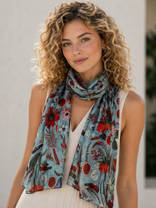 Tropical Garden Scarf – Pure Silk | Red Botanical & Exotic Bird Australian Coa&hellip;