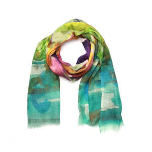 Meadow Mirage Scarf – Cashmere Wool Wrap | Abstract Watercolor Blooms in Sunrise Hues