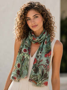 Tropical Garden Scarf – Cashmere Wool Silk | Red Botanical & Exotic Bird Austr&hellip;