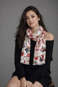 Tropical Garden Scarf – Cashmere Wool | Red Botanical & Exotic Bird Australian&hellip;