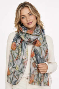 Grey Cockatoo Banksia Scarf – Cashmere Wool Silk | Australian Native Bird & Floral Print