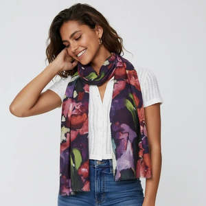 Fabric: Painterly Bloom Abstract Floral Scarf – Fine Merino Wool Designer Wrap | Artistic Multicolor Print