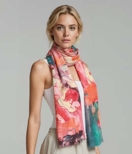 Peony Garden Abstract Floral Scarf – Merino Fine Wool Designer Wrap | Floral Print Scarf
