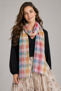 Pastel Multicolour Plaid Check Print Merino Wool Scarf