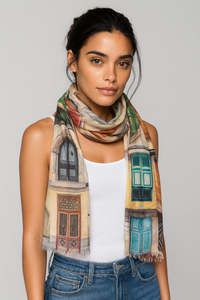 Merino Silk: Heritage Doorway Art Scarf – Merino Wool Silk Designer Wrap | Architectural Multicolor Print