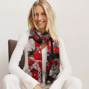 Crimson Maple Abstract Scarf – Merino Wool Silk Designer Wrap | Autumn Tree Art Print