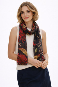Midnight Botanica Bird Merino Wool Scarf – Hand-Drawn Floral & Avian Art Print