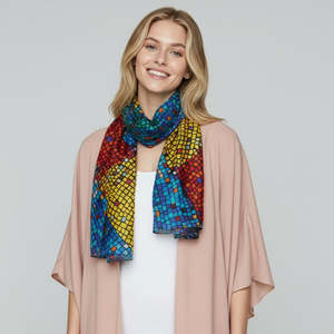 Rainbow Mosaic Abstract Scarf – Merino Wool Silk Designer Wrap | Colorful Geom&hellip;