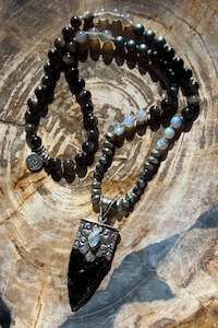 Mālā with Silver Sheen Obsidian, Labradorite, Grey Agate and Hematite Beads wi&hellip;