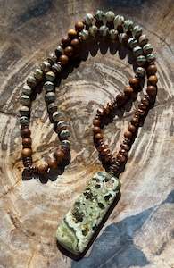 Agate: Mālā, Half 54 beads, Dzi Agate and Sandalwood Beads with a Rainforest Jasper/Rhyolite Pendant
