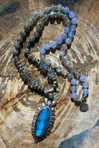 Malas: Mālā Half with Labradorite and Aquamarine Beads with a handmade Himalayan Sterling Silver and Labradorite Bead/Pendant