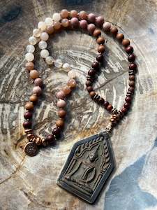 Malas: Half Mālā with Sunstone, Haitian Flower Rhodonite and Cherry Blossom Agate, Sandalwood, Indian Rosewood and Peach Aventurine with a Thai Buddha Pendant