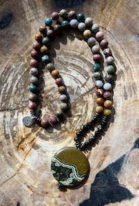 Malas: Mālā, Half Mālā with Ocean Jasper Pendant, Ocean Jasper Beads
