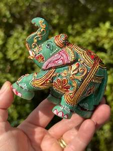 Animal Carvings: Green and Orange Aventurine mix Elephant, Hand Painted