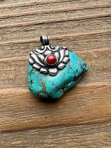 Turquoise Nugget, Coral and Sterling Silver Pendant