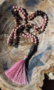 Malas: Mālā, Full Japa Mālā with Rhodochrosite, Sunstone, Garnet and Smoky Quartz with a Nepalese Silver Guru Bead