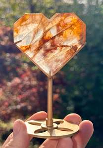 Heart: Golden Healer, Fire and Girasol Quartz Faceted Heart on a stand