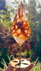 What S New: Golden Healer & Fire Quartz in Girasol Quartz Carved Diamond on Stand
