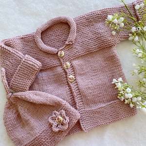 Baby Clothes: "Jessie" hand knit merino baby cardigan and hat set (3-6m)