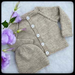 Gift Sets: "Parker" eyelet sleeve baby cardigan and beanie set