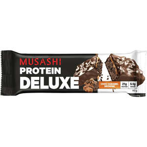 Food Bars: Musashi Protein Deluxe Choc Caramel Brownie Bar 60g (21g Protein)