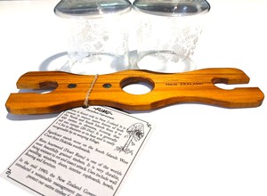 Products: Wine Glass Holder - Paua Dots & NZ Text - Naturally Wood