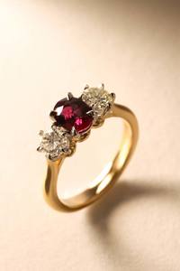 Bespoke Collection: Three Stone Oval Ruby with Round Brilliant Diamond Accents