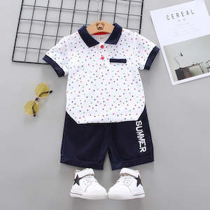 Nelly Boo: Nelly Boo Boys Polo Short Sleeve Two Piece Set - White & Blue