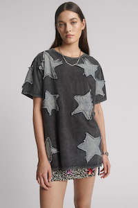 Denim Star Hand Embellished Boyfriend Tee - Charcoal