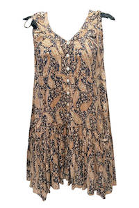 Mini Dresses: Biasa Sleeveless Short Dress - Black and Tan Paisley
