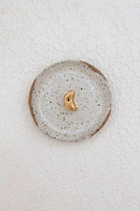 Decor: Medium Gold Moon Incense Holder - White Dribble Glaze Speckled Clay