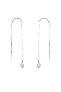 Earrings: Drop Pearl Threader Earrings - Silver
