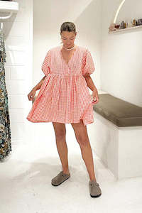 Gingham Puff Sleeve Smock Dress - Orange Gingham