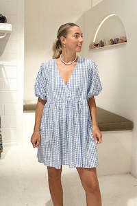 Gingham Puff Sleeve Smock Dress - Blue Gingham