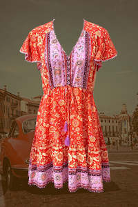 Mini Dresses: Pom Pom Sleeve Flutter Mini  Dress - Orange and Lilac