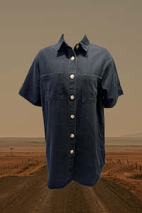 Blouses Shirts: Denim Mini Shirt Dress - Black