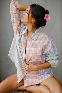 Blouses Shirts: Patchwork Cotton Check Shirt