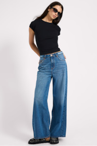 Denim: Love Machine High Waist Super Wide Leg Denim Jeans - Pacifica