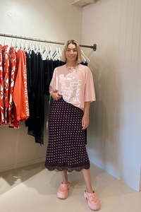 Polka Dot Midi Lace Skirt - Burgundy and Pink