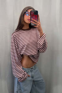 Tees: Bloom Long Sleeve Top - Chocolate Blush Stripe