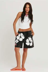 The Happy Hibiscus Trackie Short - Black