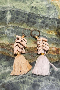 Small Cotton tassel and Cowrie Shell Keyring - Beige