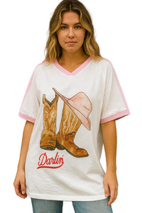Darlin' V-Neck Tee - White/Pink
