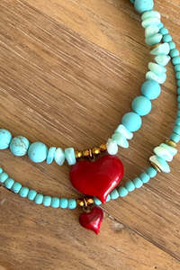 Necklaces: Semiprecious Howlite Turquoise Bead Necklace - Mini Red Heart