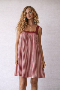 Mini Dresses: Juno Lace Neck Mini Dress - Wine + Pink Stripe