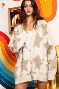Knitwear: Oversized Star Cardigan – Oatmeal and Mocha