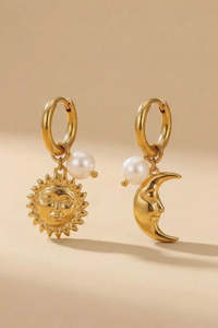 Earrings: Moon and Sun Charm Pearl Hoop Earrings in Gold