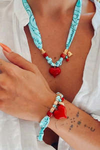 Turquoise Bandana Scarf Necklace with Large Red Heart Charm