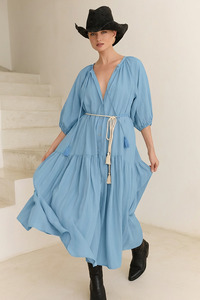 Neon Collective: Midi Smock Dress - Blue Linen