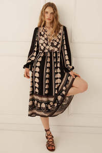 Petalwood Boho Midi Dress - Nightfall Black